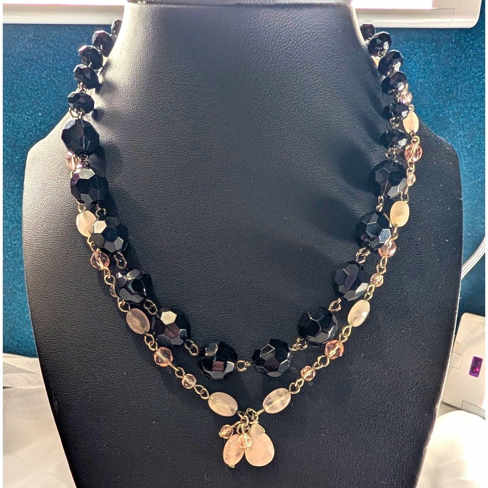 Liz & Co. Double Strand Beaded Necklace – Black Faceted Glass & Rose Quartz
